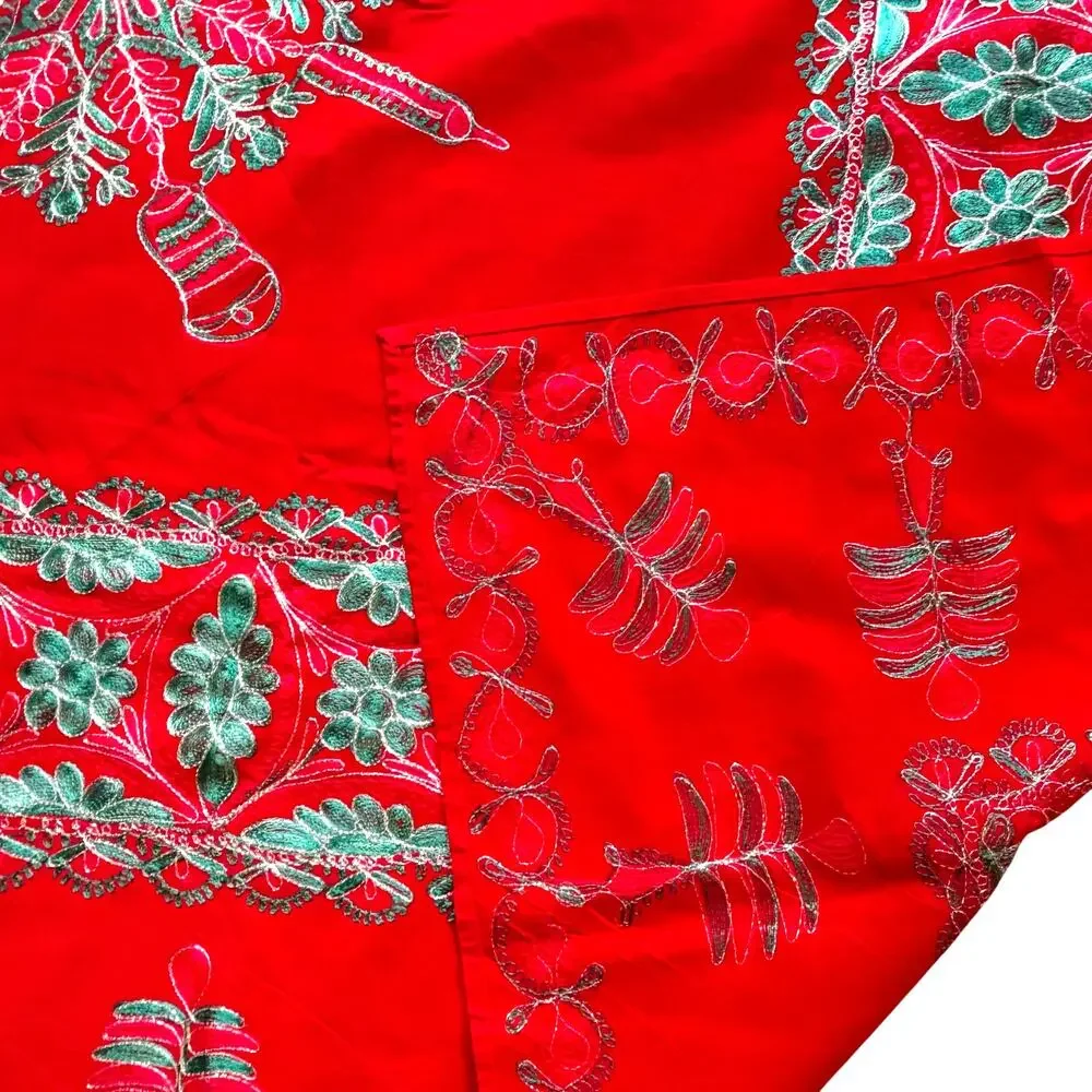 Vintage 1980's Christmas buffet tablecloth red with green & gold embroidery